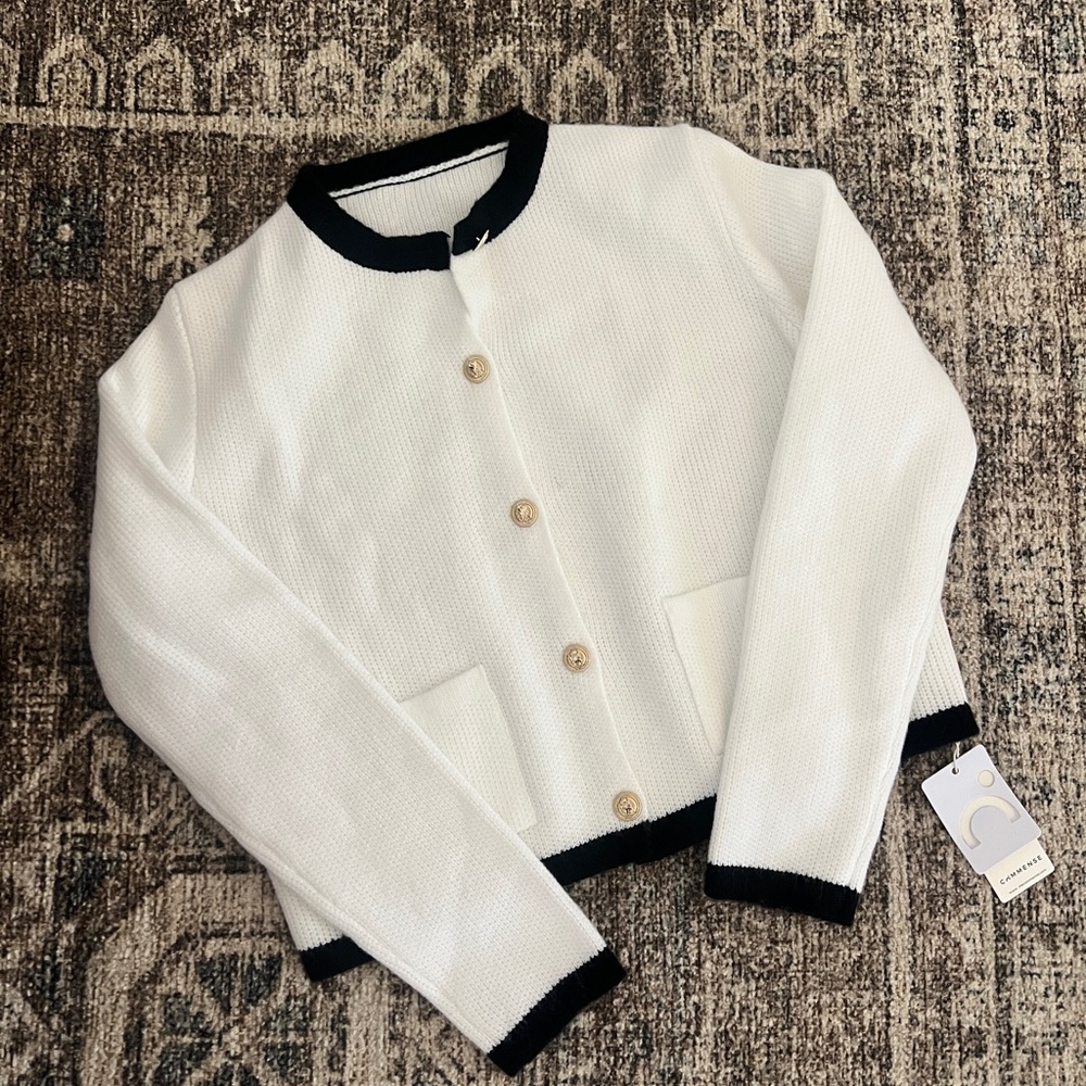 White Cardigan with Black Trim